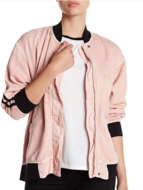 HUDSON BLUSH PINK & BLACK SPORTY OVERSIZED NOVA VARSITY BOMBER JACKET XS / S